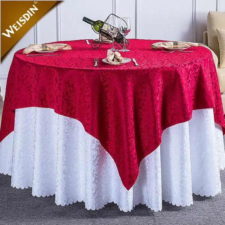 Gute Qualität benutzer definierte Logo weiß Jacquard runde Polyester Damast Stoff Tischdecke Hochzeit Tischdecke