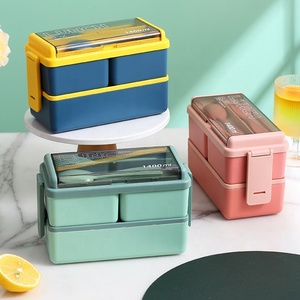 1400ml Portable Food Container for Adult School with Tableware Plastic Kids Bento Lunch Box Set