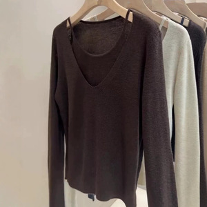 Pull en tricot à col en V pour femme, couleur café, effet deux pièces, manches longues, coupe ample, respirant, pour l'automne - Product Image 1