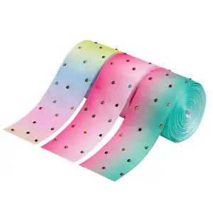 New design 38mm solid rhinestone printed grosgrain ribbon