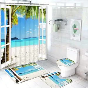 定制设计印刷浴室套装风景装饰浴室浴帘套装