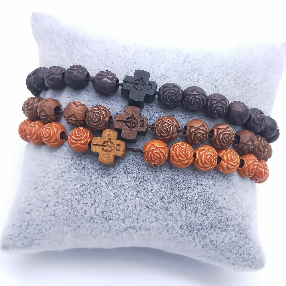 Wholesale wood rose bead cross with patterned bracelet jewelry beaded rosary bracelet