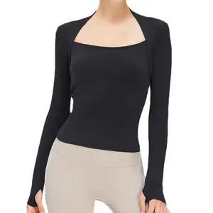 Live hot yoga clothes nude feel long-sleeved sports top with chest pad shawl fake two-piece U-collar workout clothes