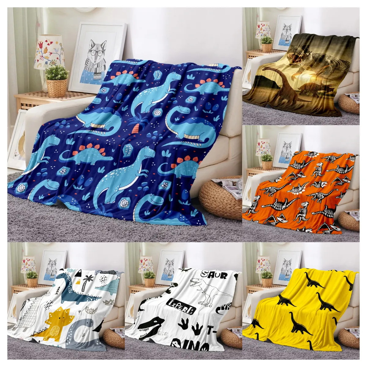 Cartoon Dinosaur Soft Flannel Blanket for Chair Travelling Camping Kids Adults Bed Couch Cover Winter Queen King Throw Blanket
