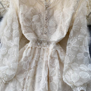 Vestido elegante de encaje acampanado para mujer, botones, cuello en V, farol, vestido de noche, vestido informal para <span class=keywords><strong>citas</strong></span> de mujer <span class=keywords><strong>joven</strong></span> - Product Image 4