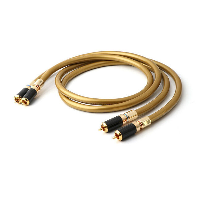QINCROWN Hexlink Golden 5-C Hi-Fi Audio 5-C RCA Coaxial Cable Pair 1m Carbon Fiber Plug Braid Shielding OFC 24-30AWG Conductor