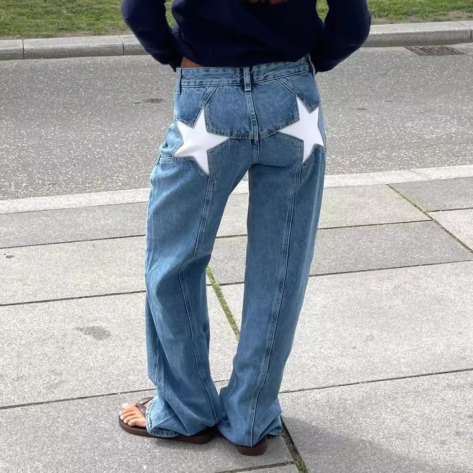 King Mcgreen Star Star Print Straight Leg Jeans Women Casual Pocket Zipper Low Waist Long Denim Pants New Lady Loose Bottom