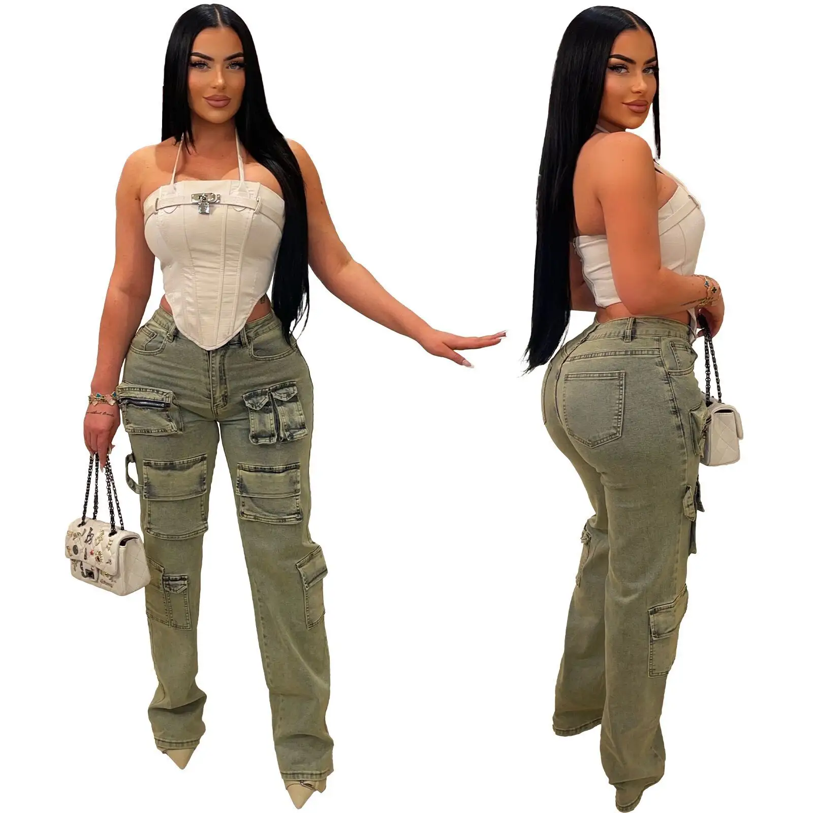 レトロウォッシュドヴィンテージジッパーマルチポケットカーゴパンツ女性jJeans卸売高品質ローウエストストレートレッグジーンズ女性