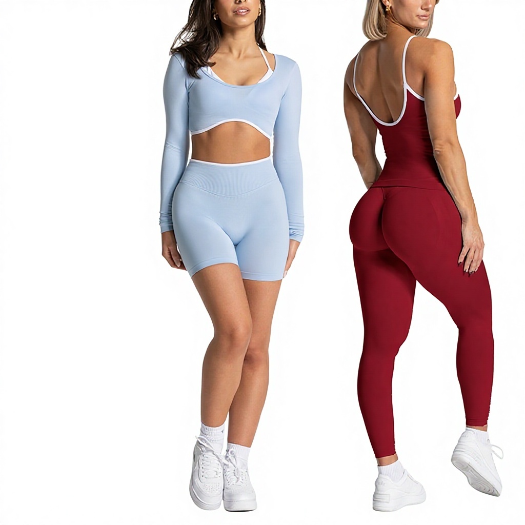 Women's Cross-border Solid Color Tight-fit Pull Seamless Two-piece Sports Top Long-sleeved Running Fitness Yoga Outer Nylon