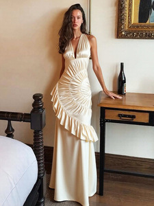 Abito lungo da donna in poliestere stile europeo-americano, nuovo modello estivo 2026, a tubino, a vita alta, tinta unita, scollo a V, con laccetto al collo e schiena scoperta - Product Image 4