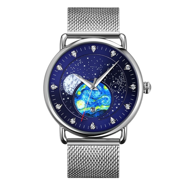 Fenyi Wholesale Oil Painting Earth Starry Sky Waterproof Calendar Unique High-quality Fashion Business Quartz Watch for Men