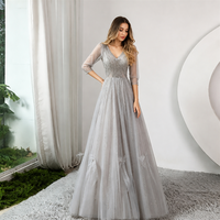 Robe de soirée gris argenté lavande col en V coupe trapèze, ornée de perles et de sequins, manches volantées, nœuds 3D, en tulle, longueur ras du sol, pour soirée, sur mesure, vente en gros