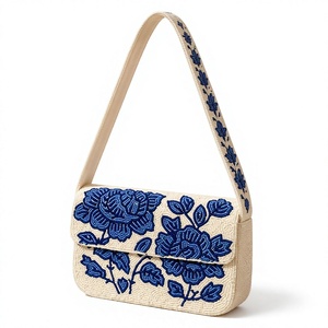 Bolso de Hombro de Vidrio Hecho a Mano HASAN CRAFT, Rectangular, Moderno, de Lujo, con Diseño de Bordado Floral Azul, Capacidad de Almacenamiento 3L+ - Product Image 1