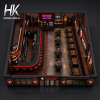 Ensemble de mobilier de bar personnalisé avec comptoir en L, étagères à bouteilles, banquette et vitrine en verre pour bar sportif