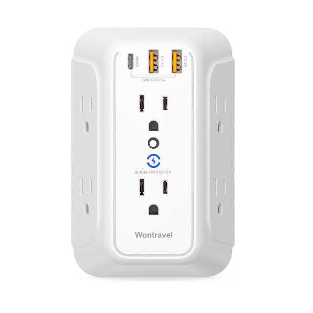 Wontravel 20W PD Fast Charging Plug with Socket Wall Outlet USB-A & USB-C Surge Protector
