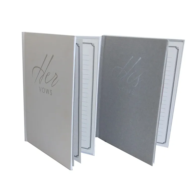 Amazon hot sell customized high quality linen velvet fabric silver stamping his her wedding vow book printing