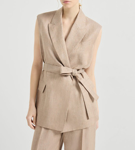 Blazer formal de lino/algodón tejido de lana para mujer, diseño con cinturón, traje elegante y noble para mujer - Product Image 2