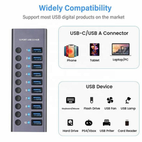 Hub USB 3.2 de 10 Puertos con Interruptores Individuales de Encendido/Apagado, Adaptador de Corriente de 12V, Aleación de Aluminio, para Laptop/PC, en Stock, 10Gbps USB-A 3.0