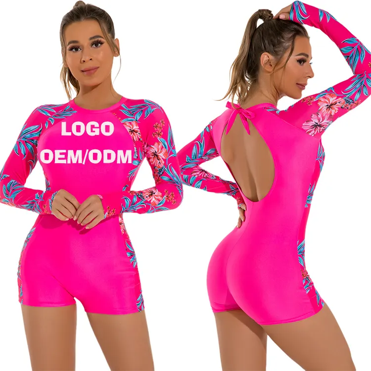 Surf Swimsuit Long Sleeve Leaves Printed Swimwear Women Zipper One Piece Rash Guard Diving Clothes Bathing Swimming Suit