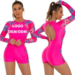 Surf Swimsuit Long Sleeve Leaves Printed Swimwear Women Zipper 1 Piece Rash Guard Diving Clothes Bathing Swimming Suit