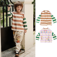 Vêtements de sport pour tout-petits 100% coton pour garçons et filles (style épaules tombantes, taille extra-large, rayures, t-shirt à manches longues)