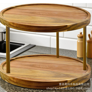 Acacia Wood Double Layer <b>Rotating</b> Storage <b>Rack</b> For Kitchen <b>Spice</b> Or Cosmetic Organizer Desktop Use - Product Image 3