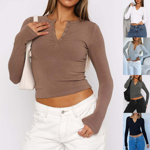 T-shirt à manches longues pour femme, style Y2K, slim, à rayures côtelées, boutonné, tendance - Product Image 1