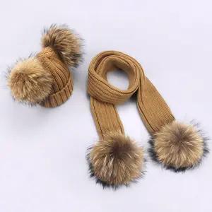 Wholesale Winter <strong>Women</strong> Kids' Genuine Raccoon Fur Ball <strong>Hat</strong> <strong>Scarf</strong> <strong>Set</strong> Knitted Plain Style Cartoon Pattern Real Fur <strong>Hats</strong> <strong>Scarf</strong> <strong>S</strong> - Product Image 1