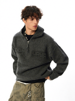 Pull en tricot décontracté pour homme, coupe ample, à capuche, demi-zip, avec logo en relief, pour l'automne/hiver