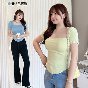 รันฉี N8427 เสื้อยืดแขนสั้นผู้หญิงคอเหลี่ยมถักสีทึบขนาดบวกทรงเข้ารูปสีเขียวสีดำสีฟ้า - Product Image 3