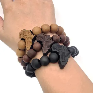 Simple Brown Africa Map Wooden Afro Bangle Bracelet Beads Men