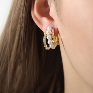 Pendientes de Moda 2023 de Lujo, Chapados en Oro de 18K, Forma de CC, con Cristal, Estilo Veraniego, con Perlas de Agua Dulce, para Mujer - Product Image 4