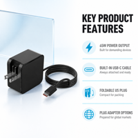 Chargeur GaN 65W, charge rapide PD, adaptateur secteur USB-C, protection OTP, câble ignifuge PC 1,5 m, prise fixe UK, ordinateur portable, téléphone, tablette