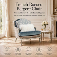 Fauteuil en bois argenté de style rococo français avec coussin en velours bleu à motifs floraux, pieds cabriole, chaise d'appoint de luxe, meubles