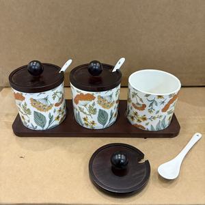 <span class=keywords><strong>Set</strong></span> di Barattoli per Condimenti in Ceramica Vintage con Motivi Floreali e Foglie, con Vassoio in Legno di Bambù, Contenitori per Spezie per Casa e Ristorante - Product Image 5