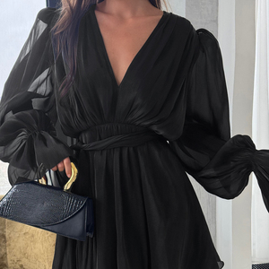 Abito da Donna 2025 con Cintura, Scollo <span class=keywords><strong>a</strong></span> V, Maniche Lunghe <span class=keywords><strong>a</strong></span> Campana, <span class=keywords><strong>Vestiti</strong></span> di Buona Qualità, Abiti <span class=keywords><strong>Corti</strong></span> per Signore - Product Image 2