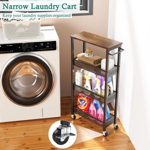 Narrow Laundry <b>Cart</b> 3 Tier Metal <b>Storage</b> Rack With Wheels For Bathroom Kitchen Organization - Product Image 1