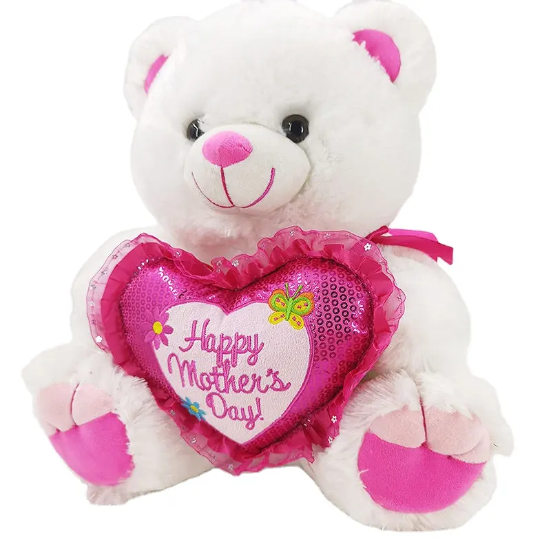 Peluche personalizzato orsacchiotto giocattoli per la festa della mamma con cuore rosa mascotte per la festa della mamma bambola bianca ripiena di orsacchiotto