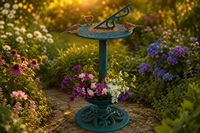 Bain d'oiseaux Verdigris Sundial avec base de jardinière, en résine écologique résistante aux intempéries, style Art Déco, piédestal extérieur pour oiseaux sauvages