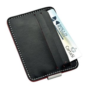 Portacarte di Credito Cartasi con Fermasoldi in Pelle Nera con Cuciture Rosse - Product Image 1