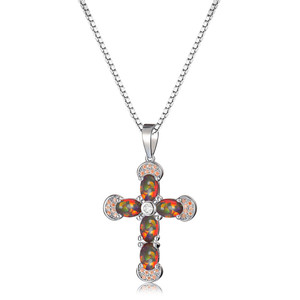 Collier pendentif croix Simple, collier en pierre de cristal opale arc-en-ciel, or <span class=keywords><strong>Rose</strong></span>, chaîne de couleur argent, colliers pour femmes, fête - Product Image 4