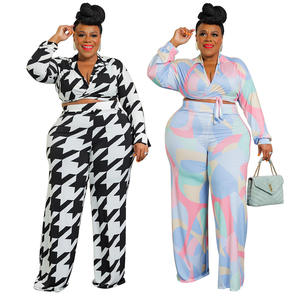 L-4XL V-neck Printing Two Piece Plus Size Ladies Outfits Plus Size Autumn Woman Long Sleeve 2 Piece Set untuk Pakaian Wanita - Product Image 1