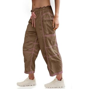 Pantalones Cargo Holgados para Mujer, con Cordón Ajustable, Cintura Elástica, Bolsillos, Color Marrón, Casuales, Transpirables, Cintura Alta - Product Image 1