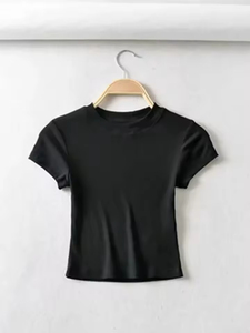 เสื้อครอปท็อปผู้หญิงสำหรับฤดูร้อน ทรงเข้ารูป ยืดหยุ่น คอทรงโอ แขนสั้น ผ้าถัก มีโลโก้ ระบายอากาศได้ดี และเซ็กซี่ - Product Image 5