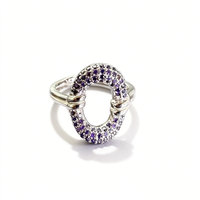 S925 Sterling zilveren ring met paarse kubische zirkonia, bezel-setting, ovale holle geometrische CZ, luxe ring voor bruiloft of feest