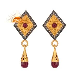Fabulous Ruby and Diamond Set Earrings 18 Karat Gold Plated 925 Silver Wedding Wear Earrings Jewelry Supplier