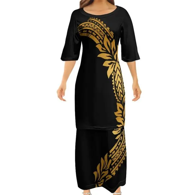2024 새로운 디자이너 사용자 정의 크루 넥 사모아 Puletasi Tatau 패턴 맥시 원피스 폴리네시아 여성 의류 드레스 플러스 사이즈