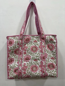 White Pink Floral Block Printed Cotton <b>Tote</b> <b>Bag</b> <b>Summer</b> Beach <b>Bag</b> Bridesmaid Gift <b>Bag</b> Reusable Travel Shopping Shoulder <b>Bag</b> - Product Image 2
