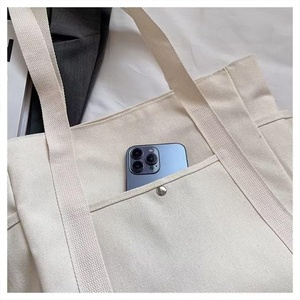 Soft Elegant Women's Custom Logo 16oz Cotton Tote Bag <b>Canvas</b> Shopping Bag with Pockets and Shoulder Strap Reusabele Foldable - Product Image 5