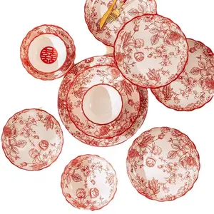 dish washer safe red &white ceramic dinner set wholesale cheap custom printing dinner plates and bowls sets glazed ceramic